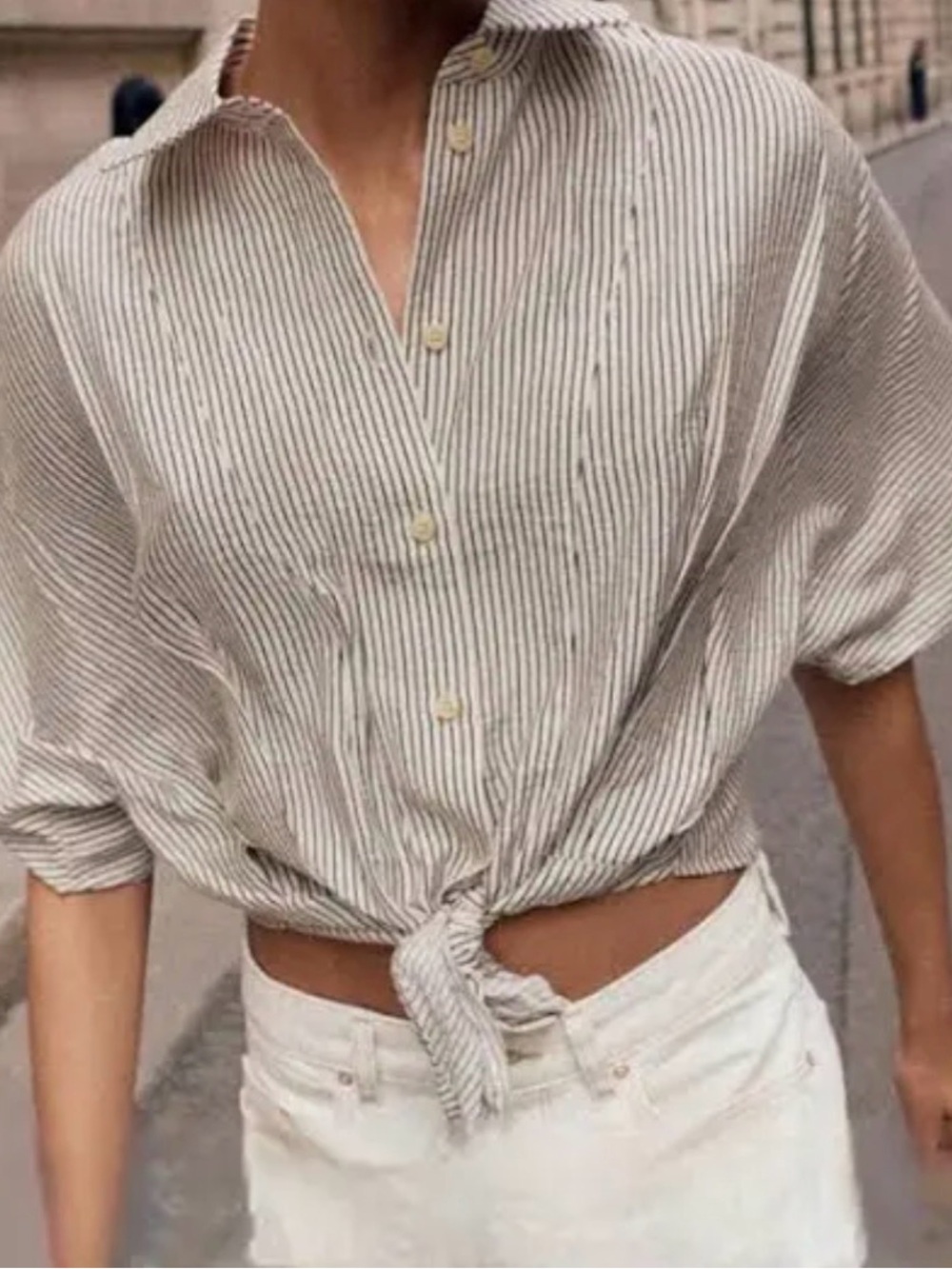 Zara White Gray Striped Tie Waist V-Neck Button Up Crop Top